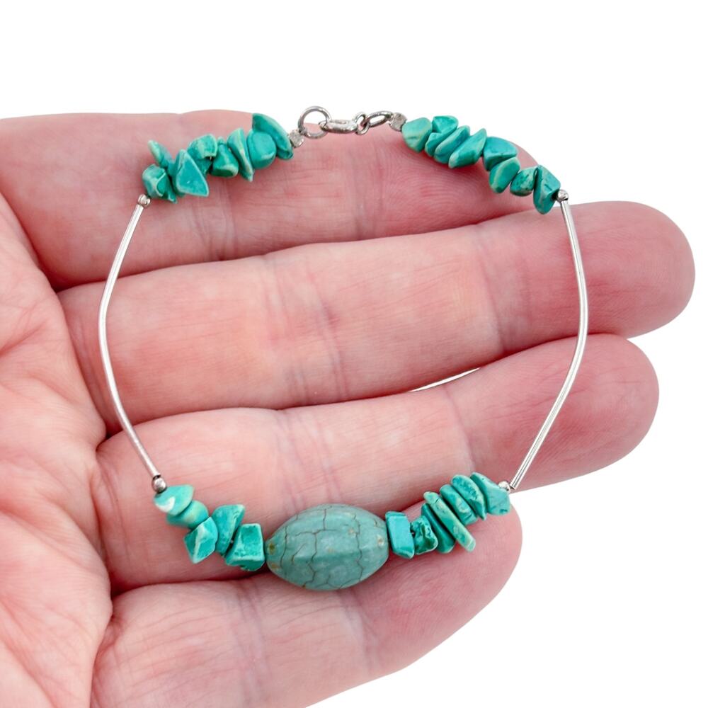 Vintage Sterling Silver 925 Turquoise Chip Bead Bracelet 7.5
